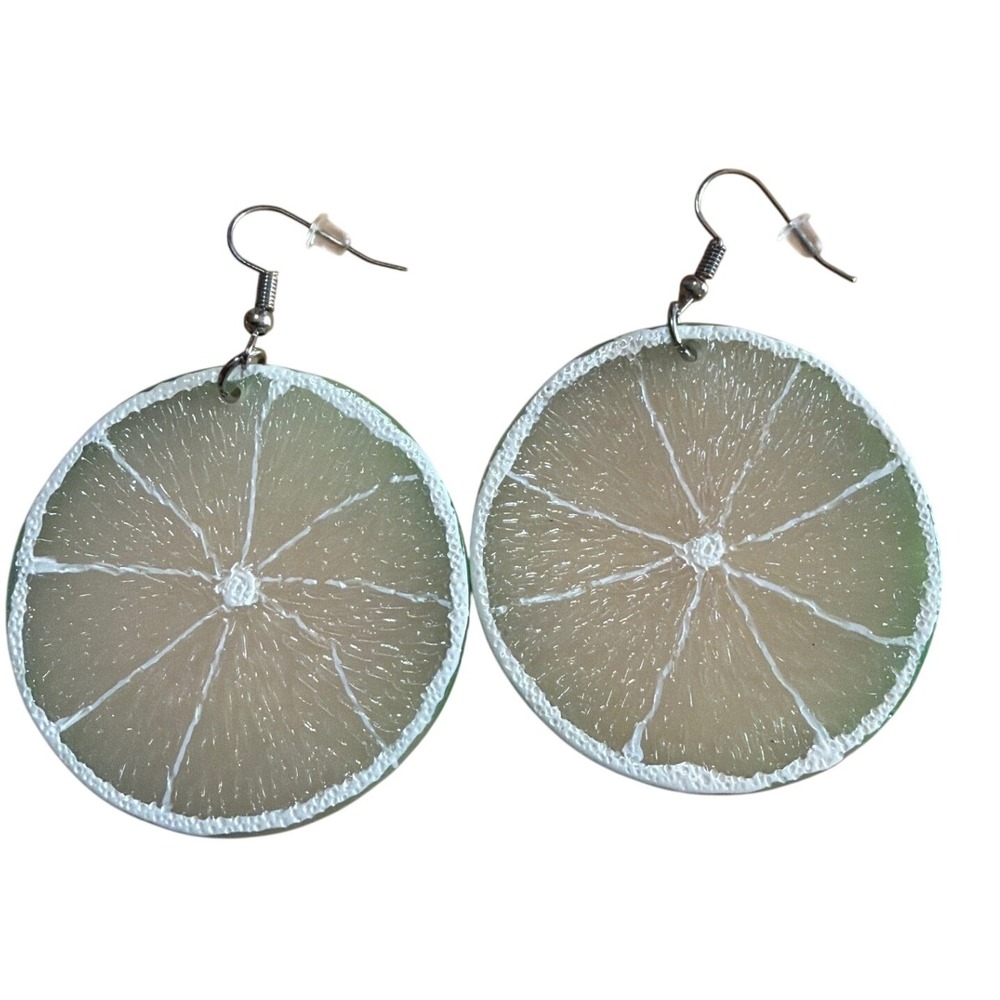 Green Lime Slice Drop Earrings Realistic Citrus Fruit Novelty Jewelry Beach